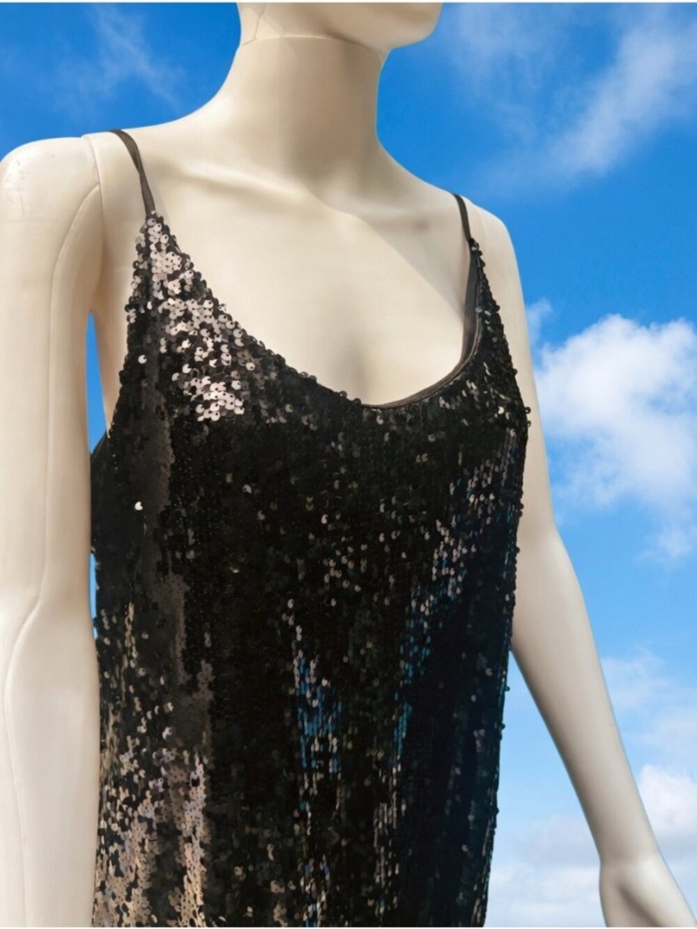 Black Sequin Slip Dress With  Spaghetti Straps Party Cocktail Wear